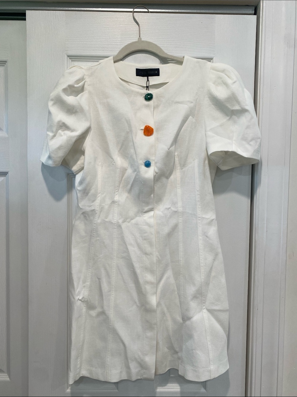 Zara White Puff Sleeve Dress with Colorful Buttons